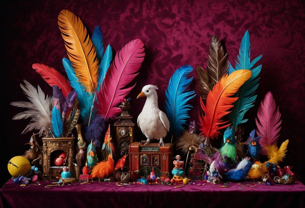 A whimsical and playful setting showcasing an array of colorful kinky toys and novelty items artfully arranged on a stylish velvet backdrop. Soft lighting highlights the textures and vibrant colors of the toys, creating a mysterious yet inviting atmosphere. Include fun elements like feathers and glitter to evoke a sense of exploration and adventure. Emphasize elegance and excitement in the composition. vibrant colors. soft focus.