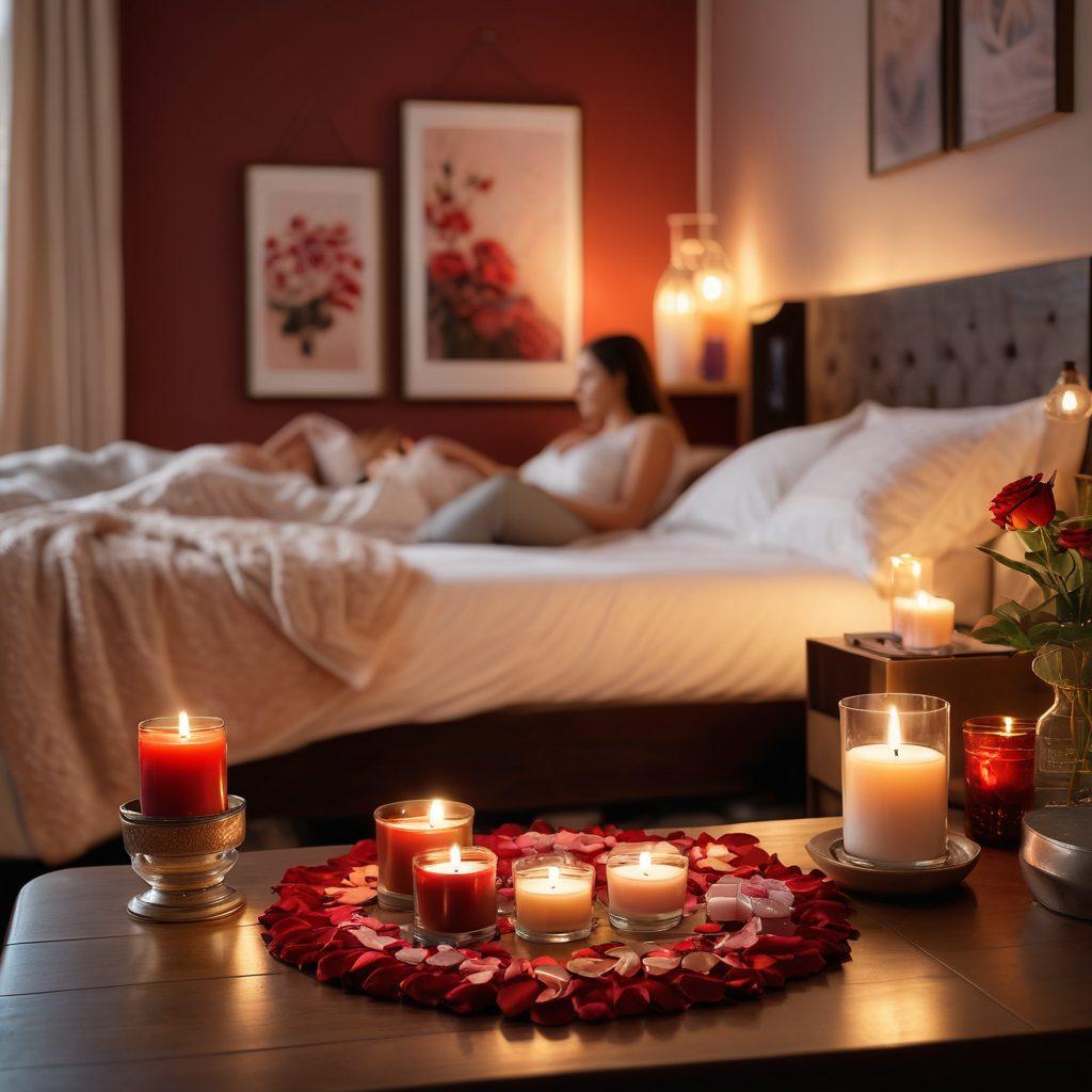 A cozy, softly lit bedroom setting featuring a romantic ambiance with candles and rose petals scattered around. In the foreground, a stylish display of luxurious sensual products like massagers and scented oils artfully arranged. A couple is shown in the background, holding hands and gazing at each other with affection, creating an inviting atmosphere that exudes intimacy. The color palette should be warm and inviting, with deep reds and soft pastels. super-realistic. warm tones. delicate lighting.
