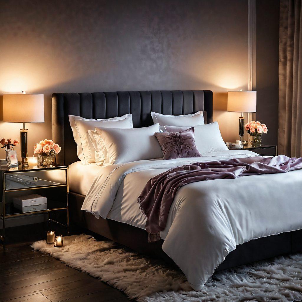 A luxurious bedroom setting with soft, ambient lighting, featuring various sensual products elegantly displayed on a plush bed. Include alluring textures such as silk sheets and candles casting gentle shadows, creating an intimate atmosphere. Adding a hint of floral elements enhances the romantic vibe, inviting exploration and passion. super-realistic. vibrant colors. soft focus.